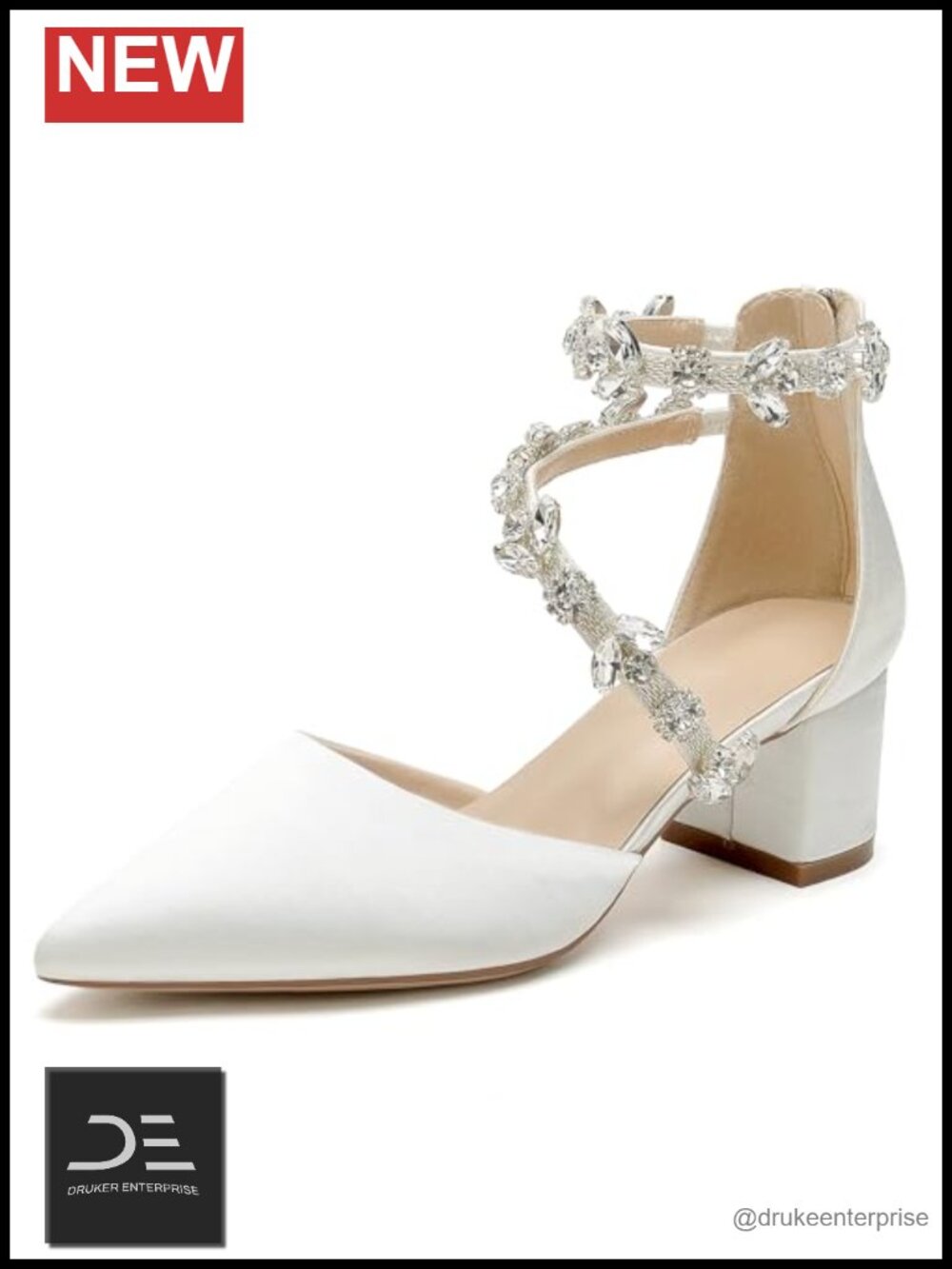 Satin Crystal Pump Heels with Block Heel and Ankle Strap for Wedding Prom Party